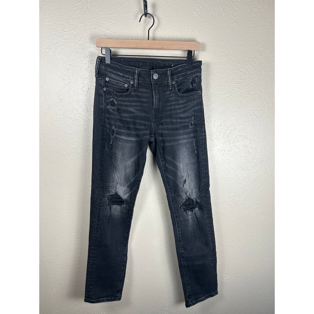 American Eagle Distressed Skinny Jeans Mens Size 28x30 Black Grunge Whiskering